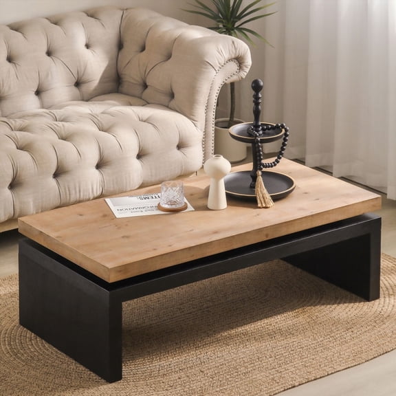 Modern Industrial Coffee Table: Two-Tone Wood, 47.6" L * 23.6" W * 16.3" H with Floating Top