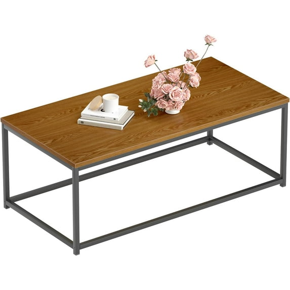 Modern Industrial Coffee Table with Wood Grain Top & Metal Frame, Rectangular Rustic Accent Minimalist Center Table for Living Room & Bedroom Furniture Décor, 44" x 22"- Rustic Brown