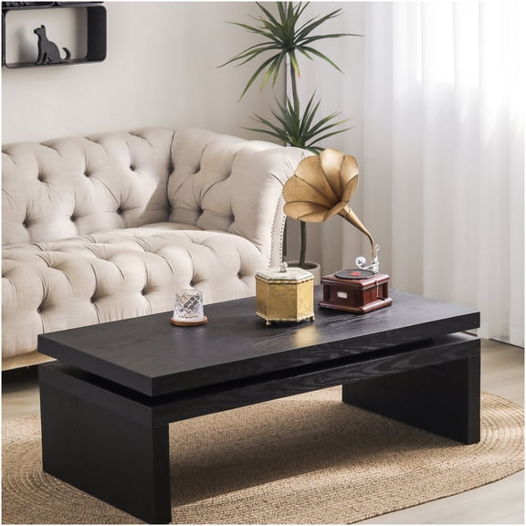 Modern Industrial Coffee Table with Floating Top, Antique Black Engineered Wood for Living Room, Sofa Table