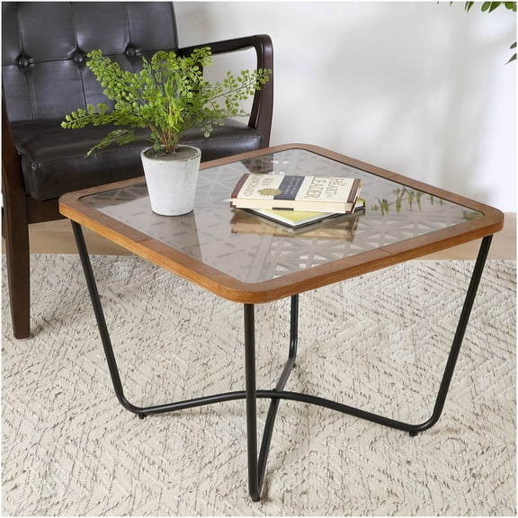 Modern Industrial Coffee Table with Geometric Glass Top and Metal Frame for Living Room