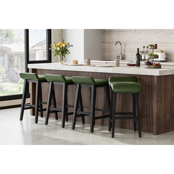 Modern Industrial Counter Height Bar Stools Set – Upholstered Wide PU Leather Seat, Sturdy Wood Frame, Low Back, Footrest – For Kitchen Island, Dining, Bar, Café – Set of 4, Dark Green