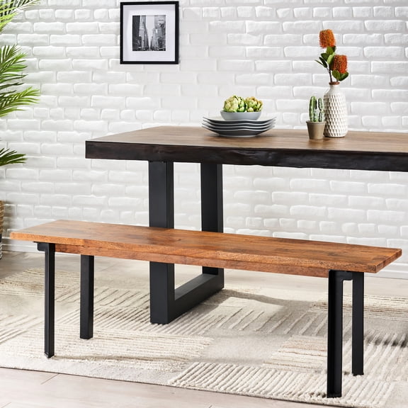Modern Industrial Dining Bench With Mango Wood Top And Iron Frame, Black + Country Brown, , 53.77”w X 13.36”d 17.44”h Base, Construction, 53.77” 13.36” 17.44