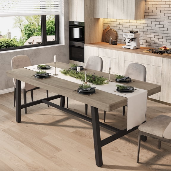 Modern Industrial Dining Table for 6-8 – 70.87'' Large Rectangle Table with Rustic Grey Wooden Top, Sturdy Black Metal Legs, Perfect for Kitchen, Dining Room, Home, Patio – Grey