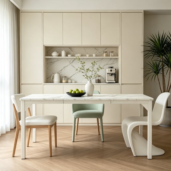 Modern Industrial Dining Table for 6-8 71'' Large Rectangular Table Sturdy Metal Frame Waterproof White Tabletop Quick Assembly White Legs White Tabletop