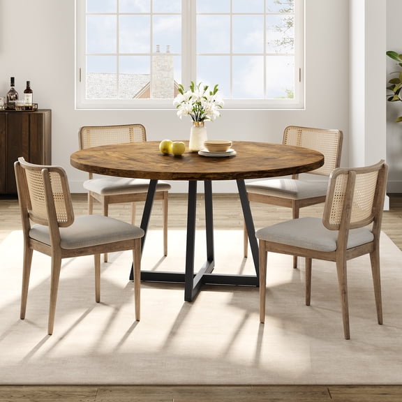 Modern Industrial Dining Table Set, Large Round Wood Top with Sturdy Metal Base, Seats 4-8, Farmhouse Style for Kitchen, Dining Room, Home, or Office, Table Only