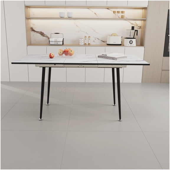 Modern Industrial Dining Table with Marble Top, Expandable Square Table for Kitchen and Dining Room