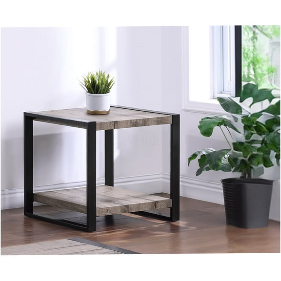 Modern Industrial End Table with Storage Shelf, Rustic Brown & Gray Wood Finish, Small Square Nightstand for Living Room