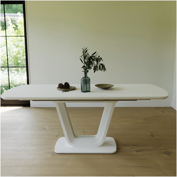 Modern Industrial Expandable Dining Table for 6-8, Antique Grey White MDF Kitchen Table with U-Shaped Legs, Space-Saving Design for Home Office