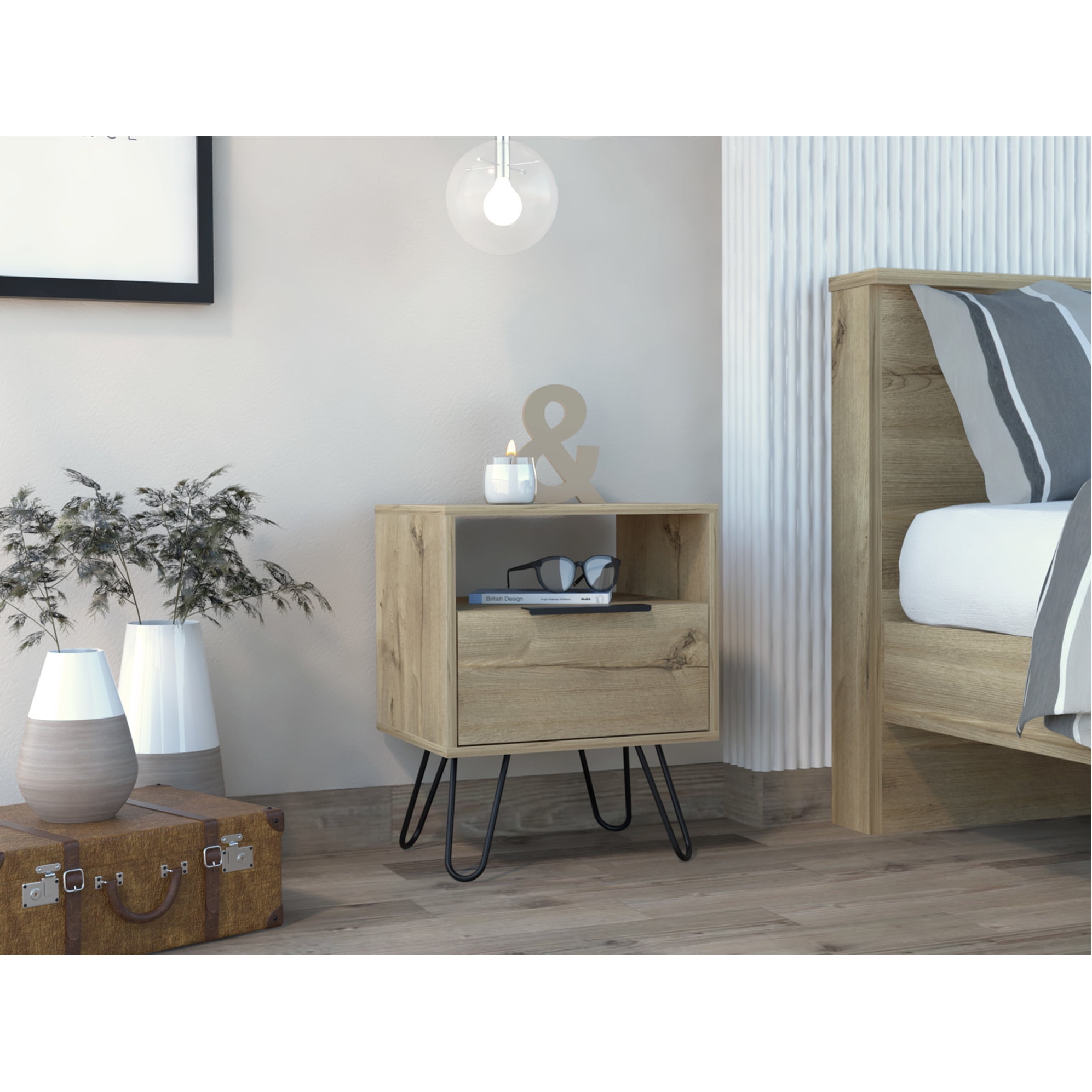 Modern Industrial Nightstand In Oak - Sleek Design With Hairpin Legs ...