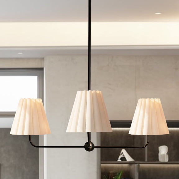Classic Black Chandelier with White Linen Shade, 36 Inch Chandelier, Unique Elegant Ceiling Mounted Light, Ceiling Light over Kitchen Island, for Living Room, Dining Room