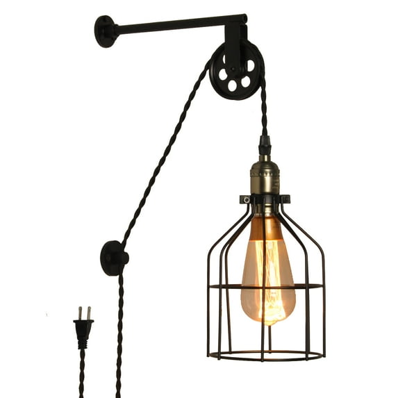 Modern Industrial Rustic Cage Wall Lamp Lift Pipe Pulley Wall Lights Fixture - Retro Pendant Lamp Adjustable with Plug in Cord - Wall Sconce for Indoor Living Room Restaurant (no Bulb,Black)