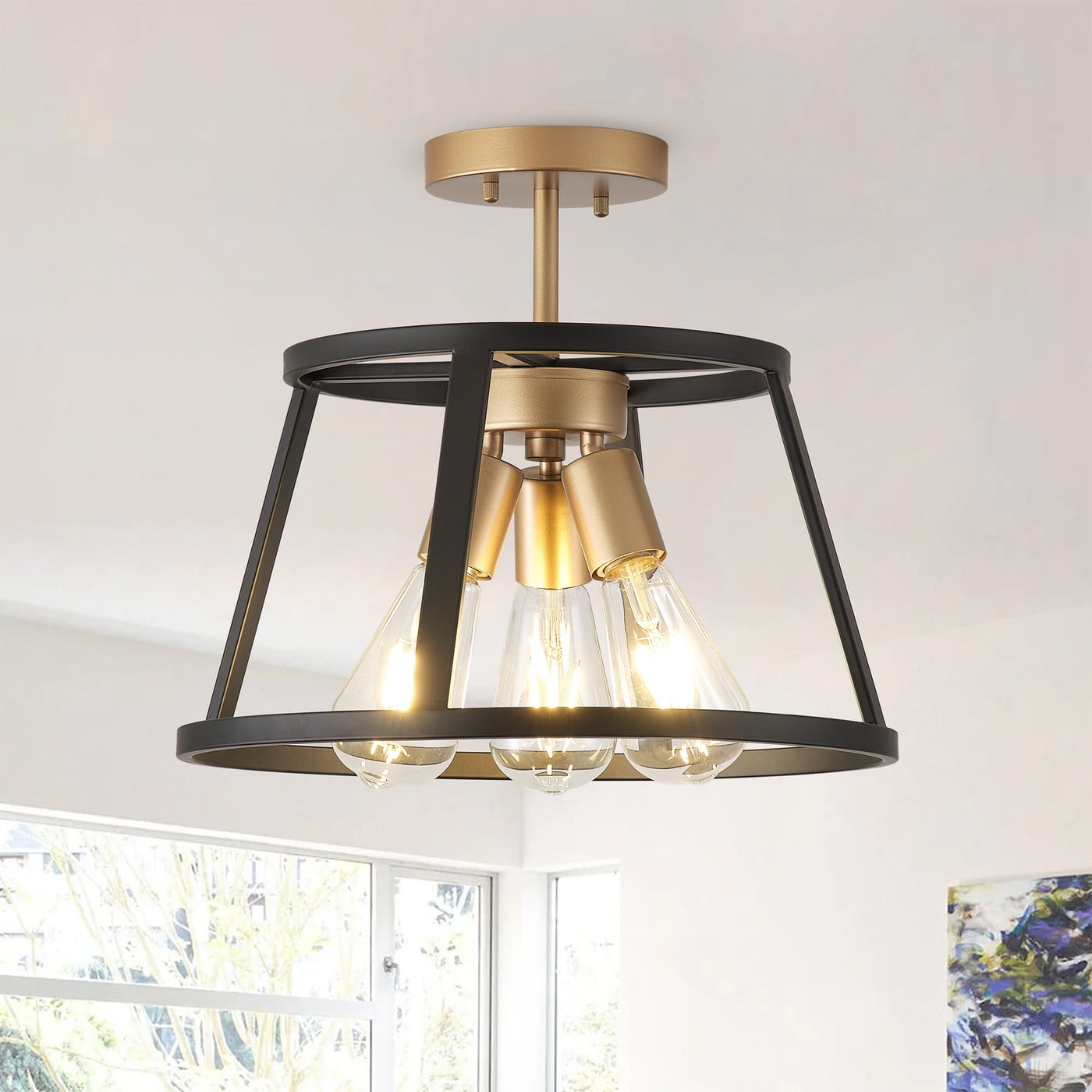 Modern Industrial Semi Flush Mount Ceiling Lighting, Retro Black Gold Close to Ceiling Light Fixture, 4-Light Metal Square Ceiling Light