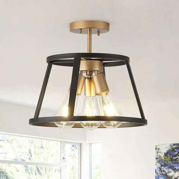 Modern Industrial Semi Flush Mount Ceiling Lighting, Retro Black Gold Close to Ceiling Light Fixture, 4-Light Metal Square Ceiling Light