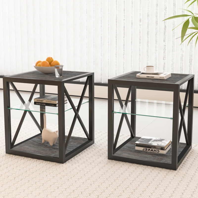 Modern Industrial Side Table with X-Frame Design ‌ Space-Saving Storage ...