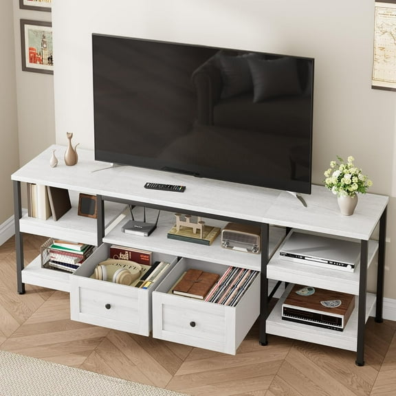 Modern-Industrial TV Stand for Up 75 Inches TV, Entertainment Center and Industrial TV Console Table with 2 Fabric Drawers for Living Room, Bedroom