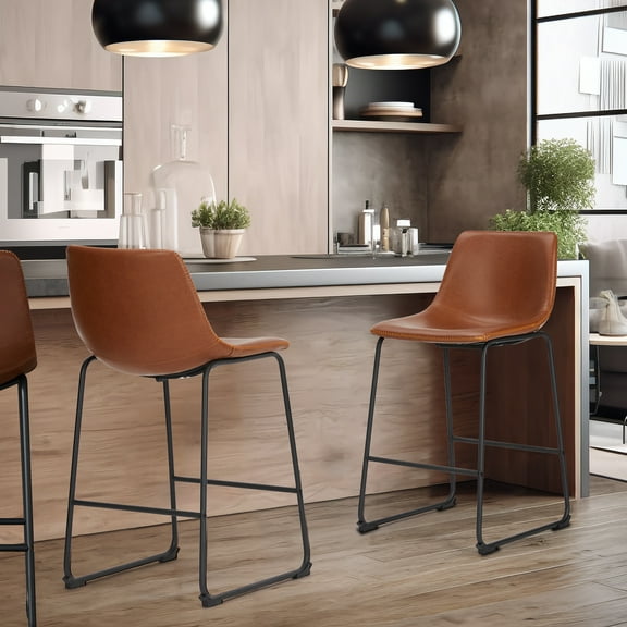 Modern Industrial - style Leather Bar Stools with Iron - frame, Sturdy and Durable, Ideal for Kitchen Islands/ Bars/ Restaurants，Brown