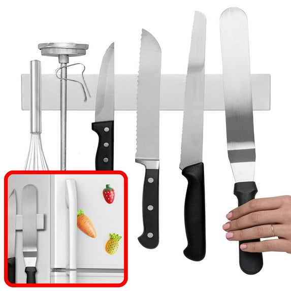 Modern Innovations 12 Inch Magnetic Knife Holder for Refrigerator, Magnetic Knife Holders for Fridge or Kitchen Wall No Drilling, Magnet Strips for Knives & Metal Utensils, Tool Rack, Stainless Steel