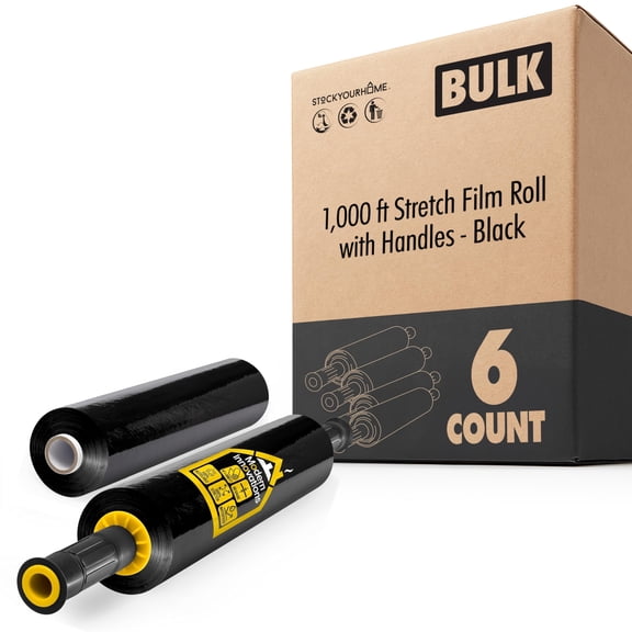 Modern Innovations 15 Inch Black Stretch Wrap with Handles 1000 Feet Each (6 Pack), Heavy Duty Shrink Wrap for Moving, Furniture Wrap, Industrial Pallet Cling