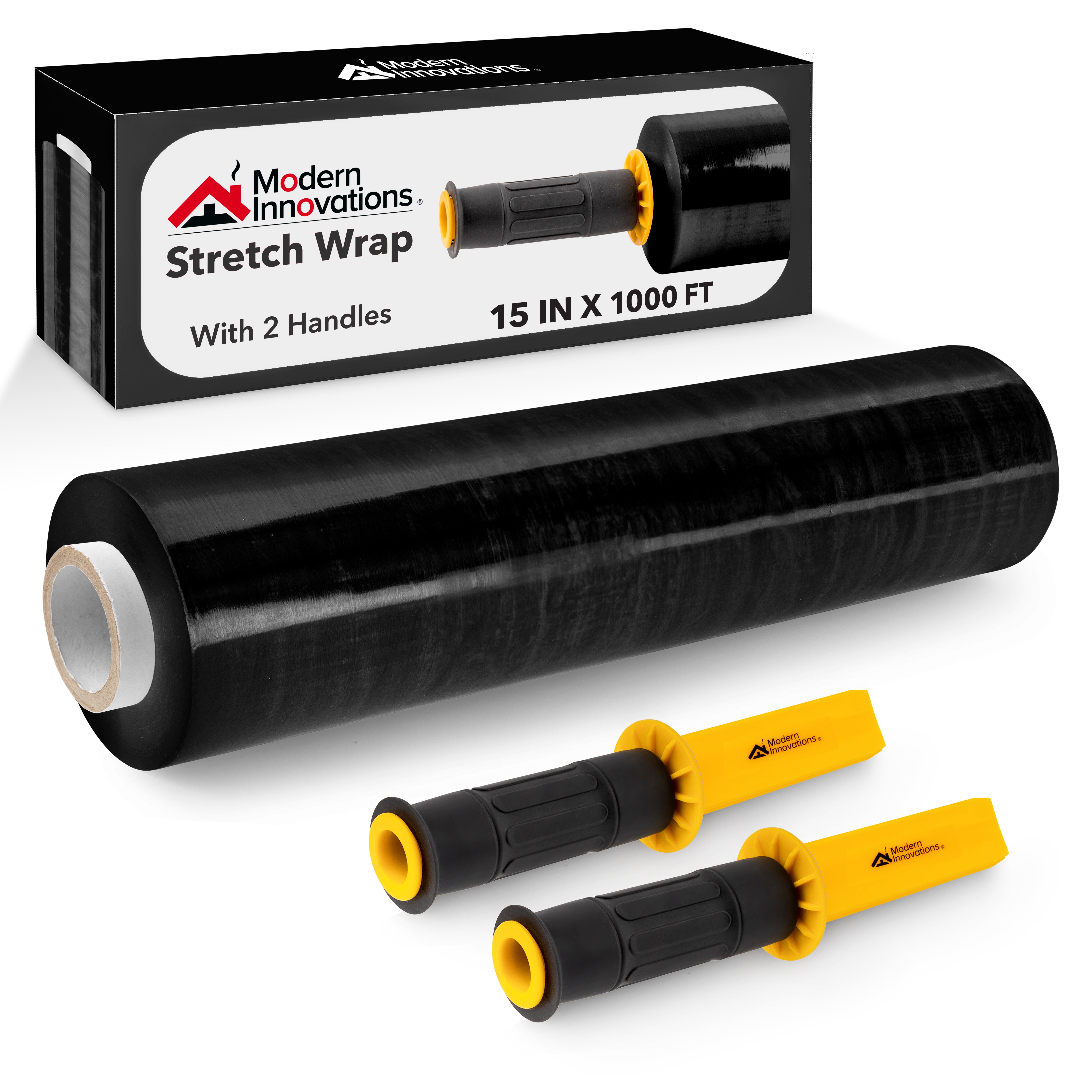 Modern Innovations 15 Inch Black Stretch Wrap Roll with Handles (1 Roll-1000 Feet) Heavy Duty Shrink Wrap for Moving, Packing Supplies for Wrapping Furniture, Industrial Plastic Pallet Cling