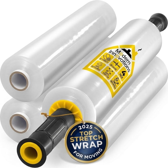 Modern Innovations 15 Inch Clear Stretch Wrap Roll with Handles (4 Rolls-4000 Feet) Heavy Duty Shrink Wrap for Moving, Packing Supplies for Wrapping Furniture, Industrial Plastic Pallet Cling