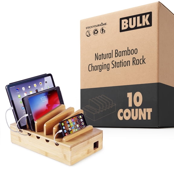 Modern Innovations Bamboo Charging Station for Multiple Devices, 10 Count Natural Wood Organizer Docking Stand for Cell Phone Charger, Compatible with Apple, Android, iPad, iPhone, Tablet, Laptop
