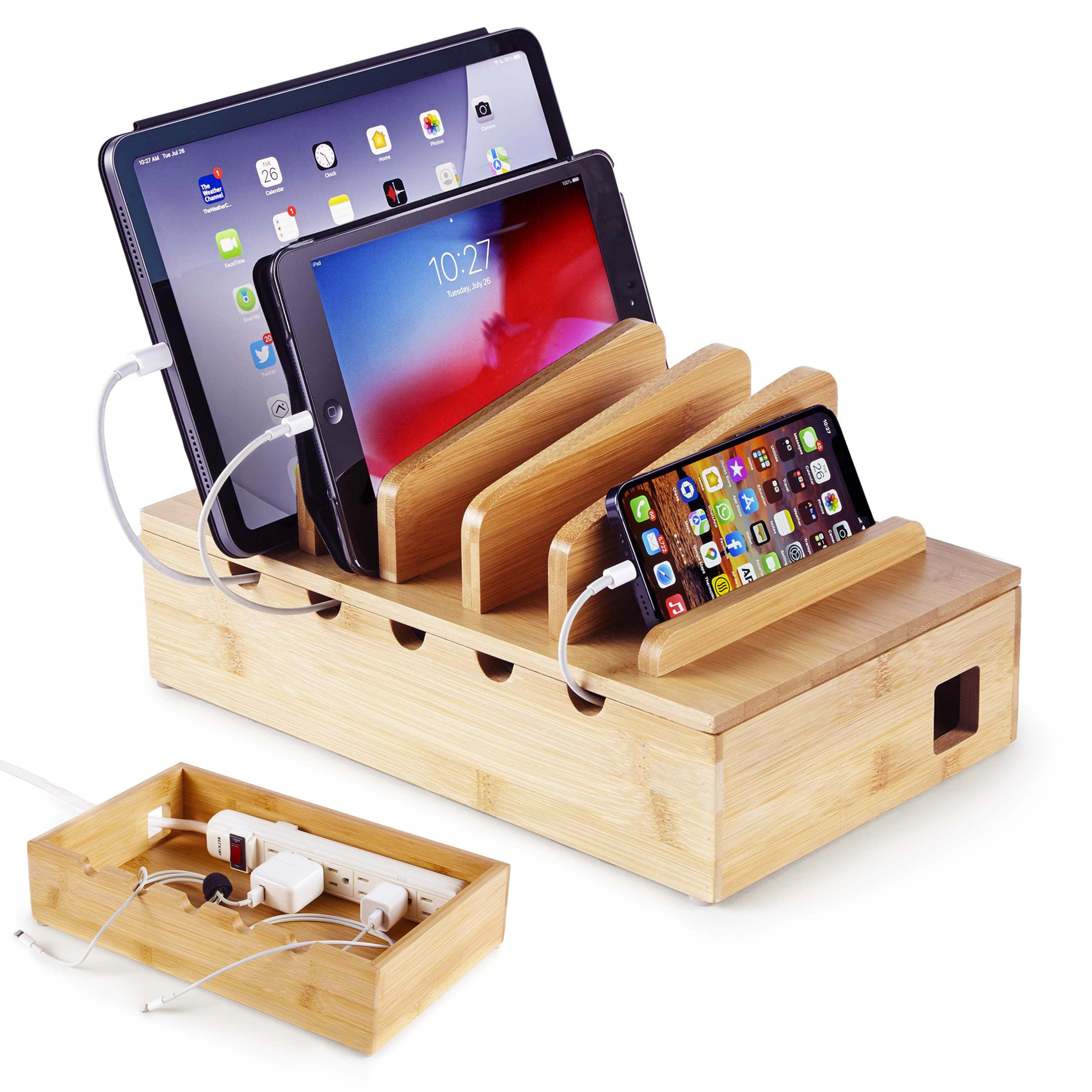 Modern Innovations Bamboo Charging Station for Multiple Devices (Natural) Wood Device Organizer, Desk Docking Stand for Cell-Phone Charger, Compatible with Apple, Android, iPad, iPhone, Tablet, Laptop