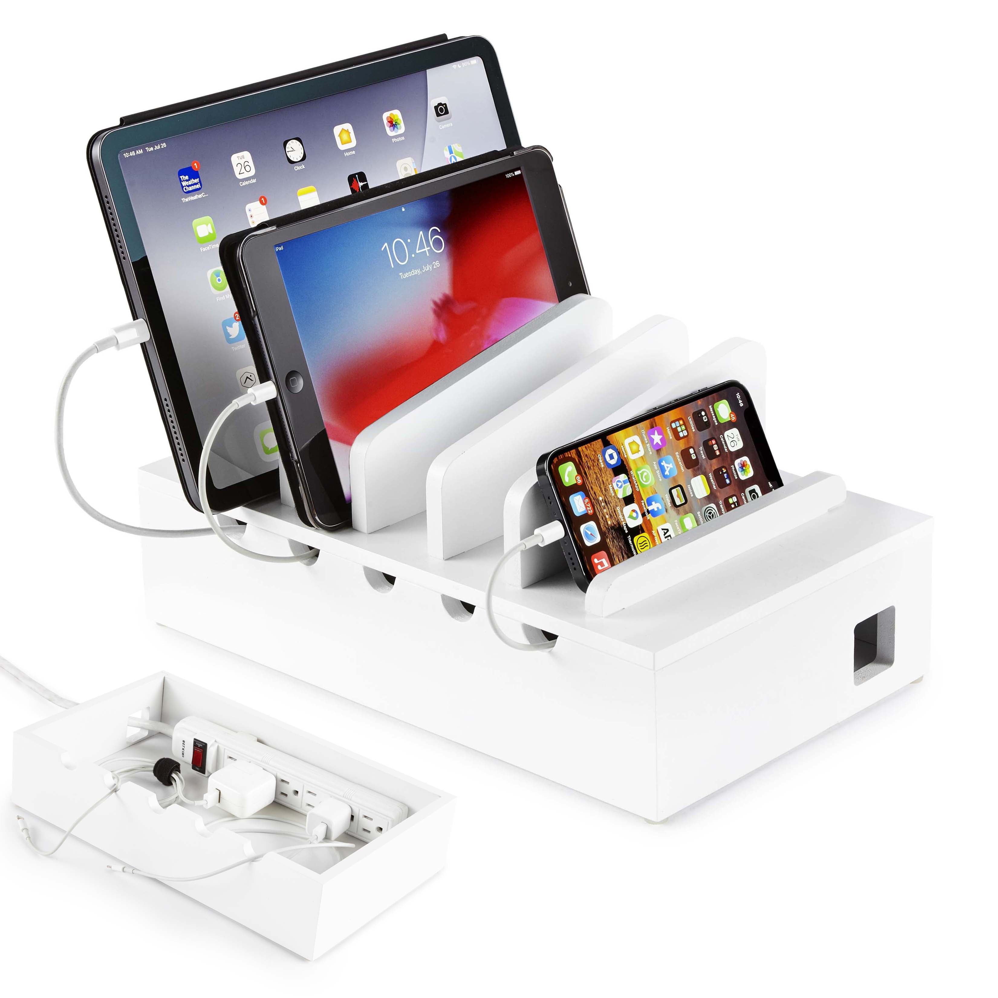 Modern Innovations Bamboo Charging Station for Multiple Devices (White) Wood Device Organizer, Desk Docking Stand for Cell-Phone Charger, Compatible with Apple, Android, iPad, iPhone, Tablet, Laptop