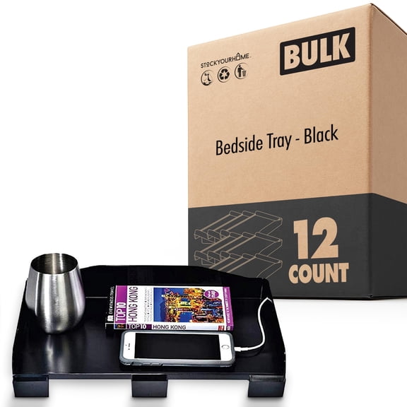 Modern Innovations Bedside Shelf for Bed, College Dorm, Bunk Bed Shelf for Top Bunk, Clip On Nightstand Tray with Cord and Cup Holder, Bunkbed Caddy (Black, 12 Pack)