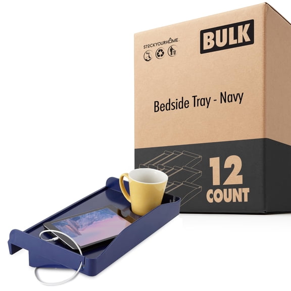 Modern Innovations Bedside Shelf for Bed, College Dorm, Bunk Bed Shelf for Top Bunk, Clip On Nightstand Tray with Cord and Cup Holder, Bunkbed Caddy (Navy, 12 Pack)