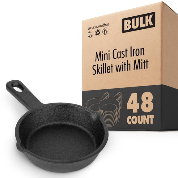 Modern Innovations Mini Black Cast Iron Skillet Set with Silicone Mitt (48 Count) - 3.5 Inch Pans, Pre Seasoned Small Skillets for Baked Cookie/Brownie or Cooked Eggs