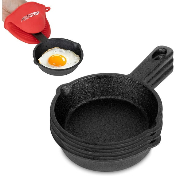 Modern Innovations Mini Black Cast Iron Skillet Set with Silicone Mitt (4 Count) - 3.5 Inch Pans, Pre Seasoned Small Skillets for Baked Cookie/Brownie or Cooked Eggs