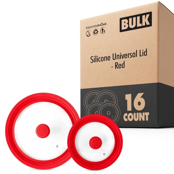 Modern Innovations Universal Lids (16 Pack), Fits 7 to 12 Inch Cookware, Silicone Pan Lid with Glass Top for Skillets, Pots, Frying Pans, Cast Iron (Red)