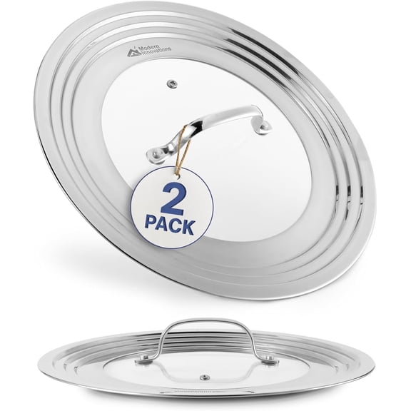 Modern Innovations Universal Lids with Tempered Glass (2 Pack), Fits 8.25 to 12 Inch Pots and Pans, Replacement Frying Pan Covers and Cast Iron Skillet Lids with Stainless Steel Rim