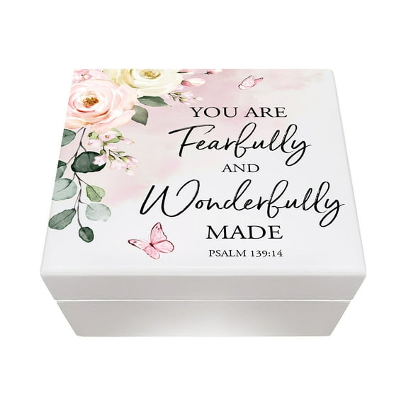 Modern Inspirational White Jewelry Keepsake Box for Children 6x5.5 - Fearfully and Wonderfully Made