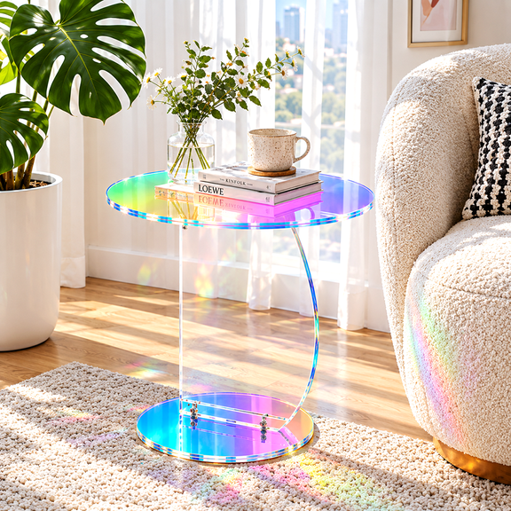 Modern Iridescent Color-Shifting Acrylic Round End Table Sofa Side Table, 17.72"x21.06", 10mm Thick Acrylic,Sailboat Shaped
