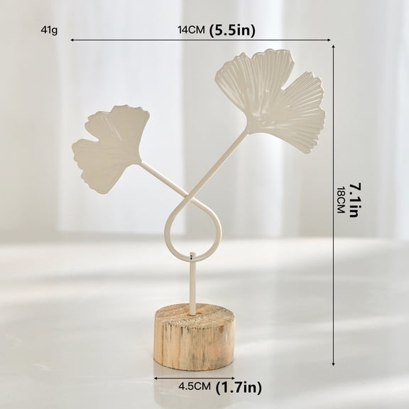 Modern Iron Ginkgo Leaf Desk Decor with Wood Base, Minimalist Metal Plant Statue Art