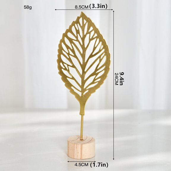 Modern Iron Leaf Table Decor with Wooden Base, Minimalist Metal Plant Statue Ornament