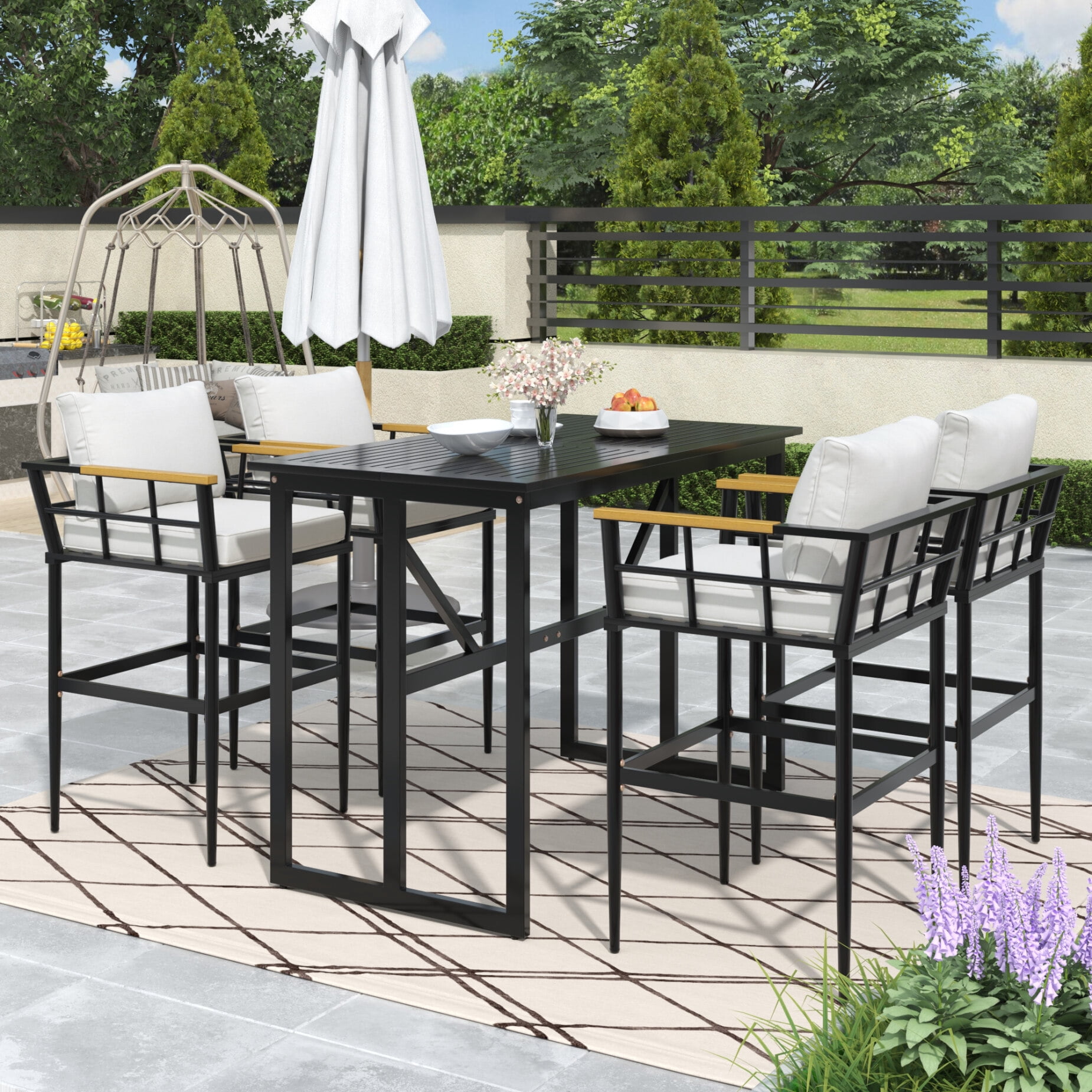 Modern Iron Outdoor Dining Set with Wood Armrest Chairs, 4 Chairs & 1 ...