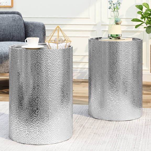 Modern Iron Side Tables ( Of 2) - Hammered Surface, Ready To Place, Silver 2 Metal Table Look, Frame, No Assembly
