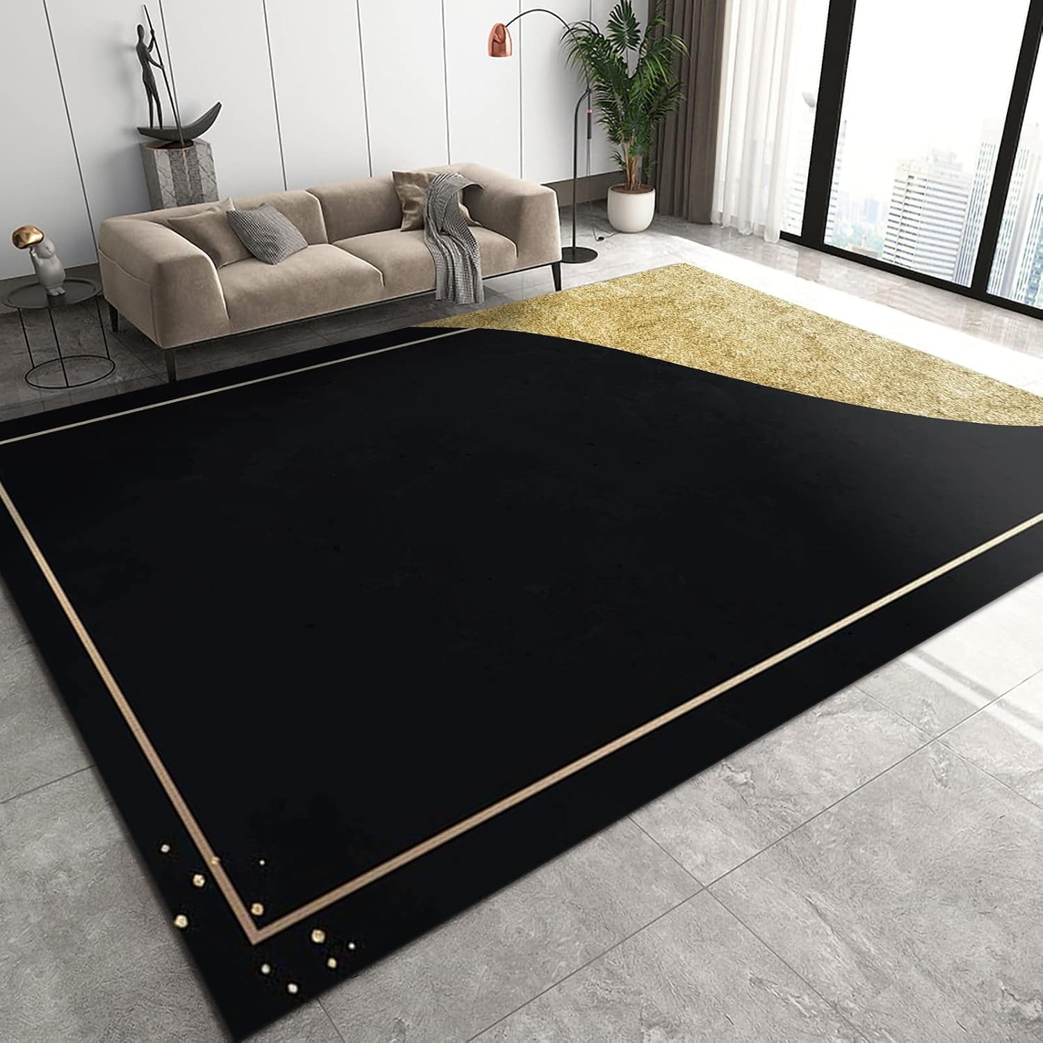 Modern Irregular Minimalist Area Rugs, Black Gold Sequin Line Edge ...