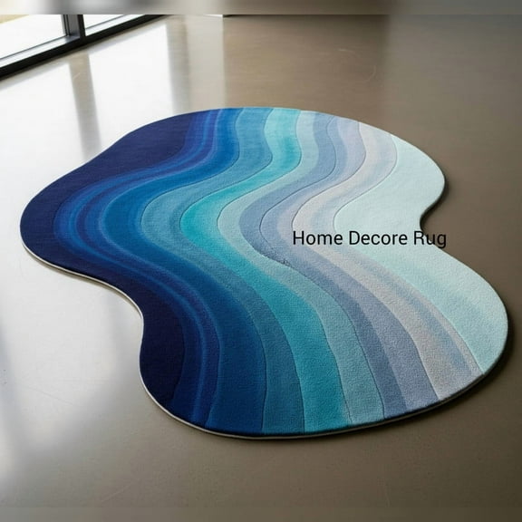 Modern Irregular Shaped Hand Tufted Rug – Blue Rainbow Area Carpet for Bedroom Decor