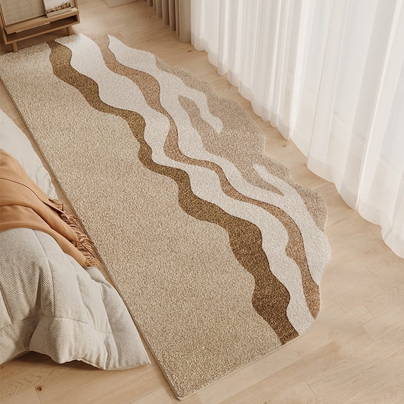 Modern Irregular Wave Shaped Area Rug for Bedroom, Non-Slip Bedside Floor Mat, Soft Minimalist Coastal Carpet for Bedside Living Room Home Decor