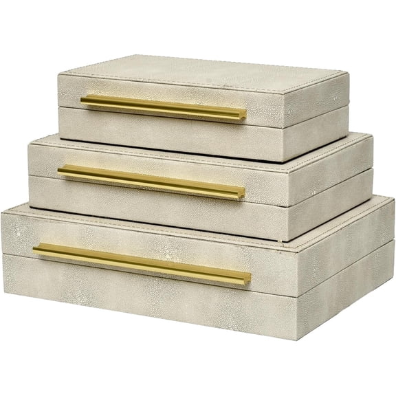 Modern Ivory White Faux Shagreen Decorative Storage Boxes, Set of 3 Handcrafted Stackable Jewelry Organizers with Gold Metal Handles & Velvet Lining for Vanity & Coffee Table