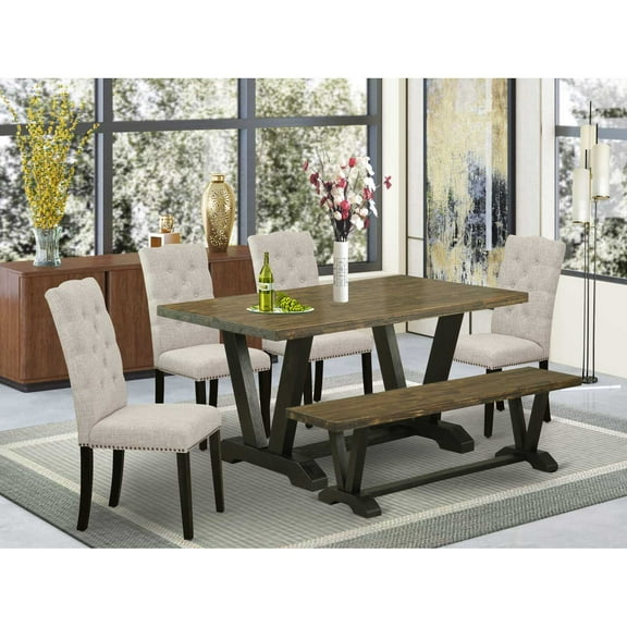 East West Furniture V-Style 6-piece Wood Dining Set in Jacobean/Black/Doeskin