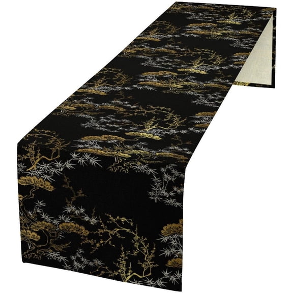 Modern Japanese Bamboo Table Runner 13x36in, Black Gold Chinese Table Runners for Kitchen & Dining