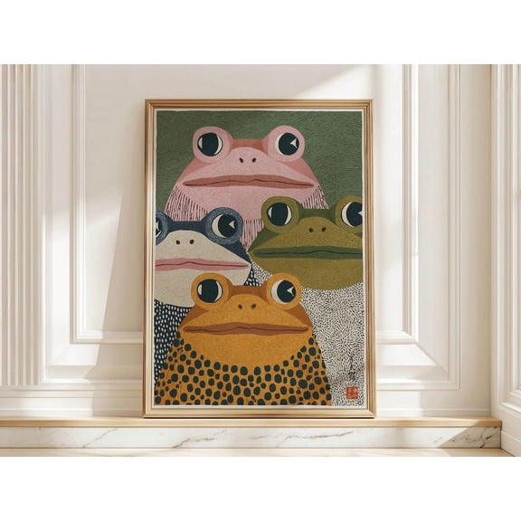 Modern Japanese Frog Art Print, Retro Colorful Frogs Poster, Quirky Green Orange Japandi Wall Art