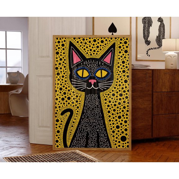Modern Japanese Inspired Polka Dot Cat Abstract Feline Pop Art Print For Contemporary Wall Decor