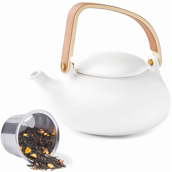 Modern Japanese Tea Set, 27 oz Ceramic Japanese Teapot with Fine Stainers and 4 Cups for Loose Leaf Tea Steeper, Wood Handle Matte Japanese Teapots Hot Tea Brewer for Tea Party Women Gifts