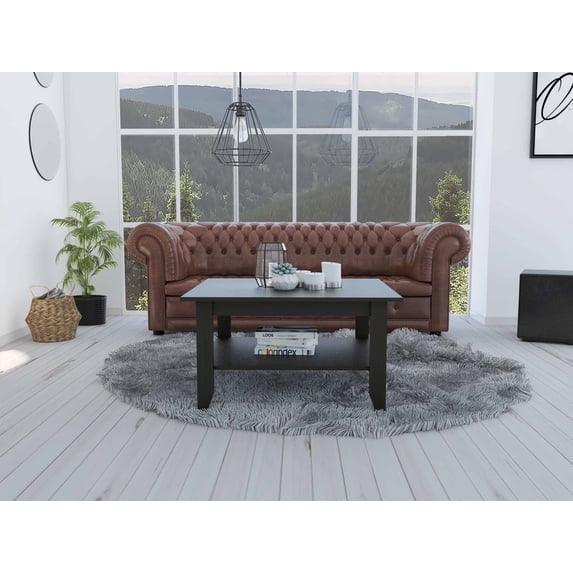 Modern Jet Black Coffee Table with Shelf