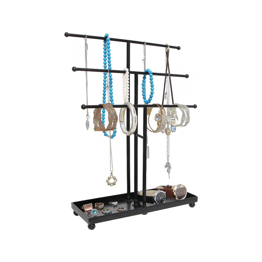 Modern Jewelry Organizer, 3 Tier Black Metal Tabletop Bracelet and